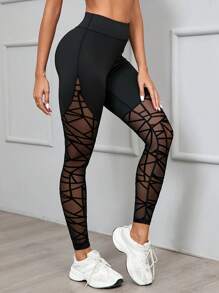 High Waist Geometric Mesh Patchwork Leggings, Slimming Yoga Fitness Workout Pants, Sexy Skinny Ankle Length Trousers