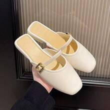 女式米色一脚蹬穆勒鞋，轻便低跟玛丽珍鞋，金属扣带，封闭式鞋头 TPU 凉鞋，橡胶鞋面和鞋底，轻便方便，适合休闲户外穿着，女式正装鞋
