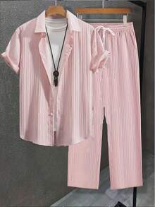 2-Piece Men's Summer Suit, Short Sleeve Stand Collar Shirt And Drawstring Pants, Non-Stretch Woven Fabric, Suitable For Daily Wear And Beach Vacation, Solid Color, Beach Vacation, Casual Suit, Men's Summer Clothes, Mens Clothes