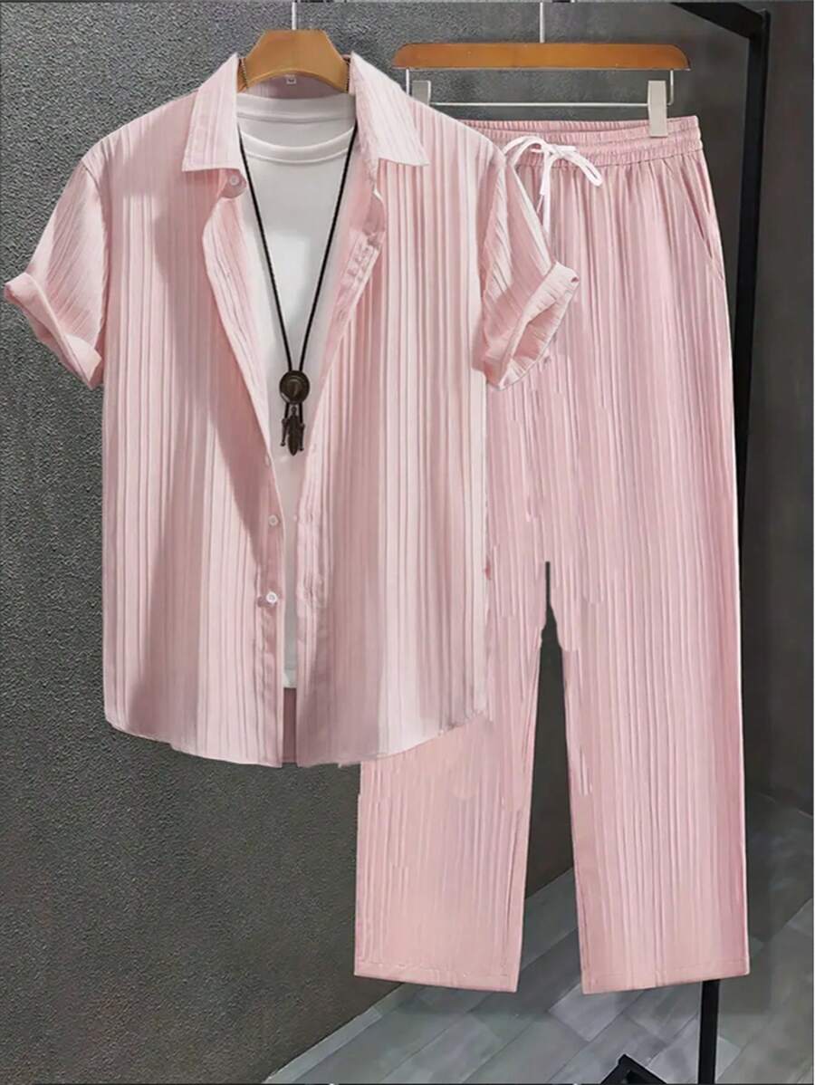 2-Piece Men's Summer Suit, Short Sleeve Stand Collar Shirt And Drawstring Pants, Non-Stretch Woven Fabric, Suitable For Daily Wear And Beach Vacation, Solid Color, Beach Vacation, Casual Suit, Men's Summer Clothes, Mens Clothes