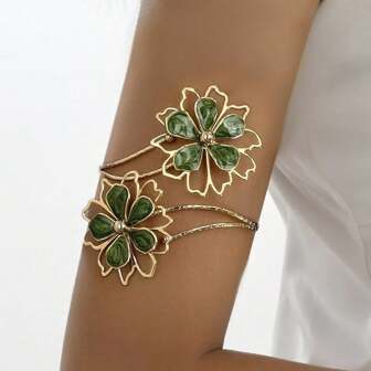 1pc Elegant Vintage Golden-Tone Metal Arm Bracelet With Green Marbled Floral Design - Exaggerated Asymmetrical Hollow Flower Pattern, Versatile For Daily Wear, Dinner Parties & Mother's Day Gift, Party Accessory, Intricate Craftsmanship, Luxurious Finish