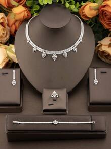 1 Set Elegant Cubic Zirconia Rhombus Jewelry Set, Includes 1 Pair Earrings, 1 Necklace, 1 Bracelet, 1 Ring, Suitable For Women Wedding Party, No Gift Box