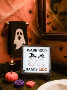 1pc 10*10cm/15*15cm Halloween Mini Bathroom Decor Painting, Wooden Halloween Witch Hat Ghost Design Bathroom Door Decoration, "Boo" Handwashing Reminder Decor With Cute Ghost, With Stand, Indoor/Outdoor Use, Horror Home Decor, Room Decoration, Halloween Desktop Ornament, Living Room Bathroom Decoration - Halloween Ghost - View 10