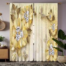 2pcs Elegant Yellow Floral High Definition Digital Print Curtains, Semi-Sheer Polyester Fabric With Rod Pocket Design - Suitable For Living Room, Bedroom, Kitchen, Cafe, Adding Style (Print Effect, No Valance) Single Layer Digital Print Curtain - Multicolor 1 - View 9