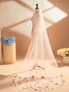 1pc 230cm Floral Lace Applique Bridal Veil With Comb, Wedding Dress Accessory - Multicolor - View 5