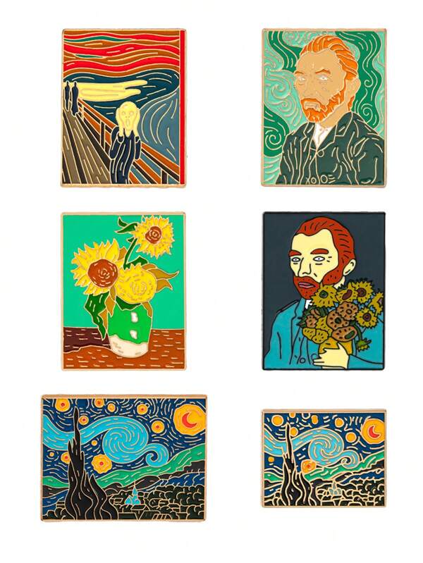 1pc-6pcs Oil Painting Series Brooch, Retro Oil Painting Series Enamel Brooch With People, Cat, Landscape, Artistic Metal Badge For Clothing, Bag, Hat Decoration