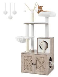 Feandrea WoodyWonders Cat Tree With Litter Box Enclosure, 2-In-1 Modern Cat Tower, Cat Condo With Scratching Posts, Removable Pompom Sticks, Washable Cushions, Greige - Light Grey - View 9
