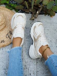Soft Leather Thick-Soled Height-Enhancing Sneakers, Women's Breathable Mesh 2025 Spring, Summer And Autumn New Casual Running Shoes, Music Festival Millennial Style Back To School Must-Have - 米色 - 查看 4
