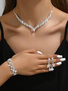 4pcs/Set Korean Style Bridal Jewelry Necklace, Earrings, Bracelet Wedding Accessories For Bride