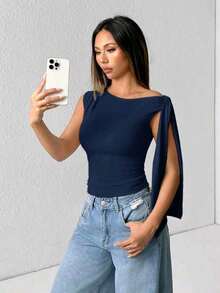 Elegant Suplex T-Shirt Top With Asymmetrical Shoulders And Straps, Ideal For Daily Use, Outings, Nightclubs, Parties, Halloween Costumes - Màu xanh hải quân - Xem 2