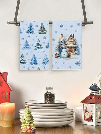 2Pcs/50pcs 40*60cm Christmas Snowman Pattern Dish Towels, Icy Blue Snowy House & Pine Design Kitchen Towels, Christmas Holiday Decor Cleaning Cloths For Kitchen, Dining Room, Living Room, Winter Season