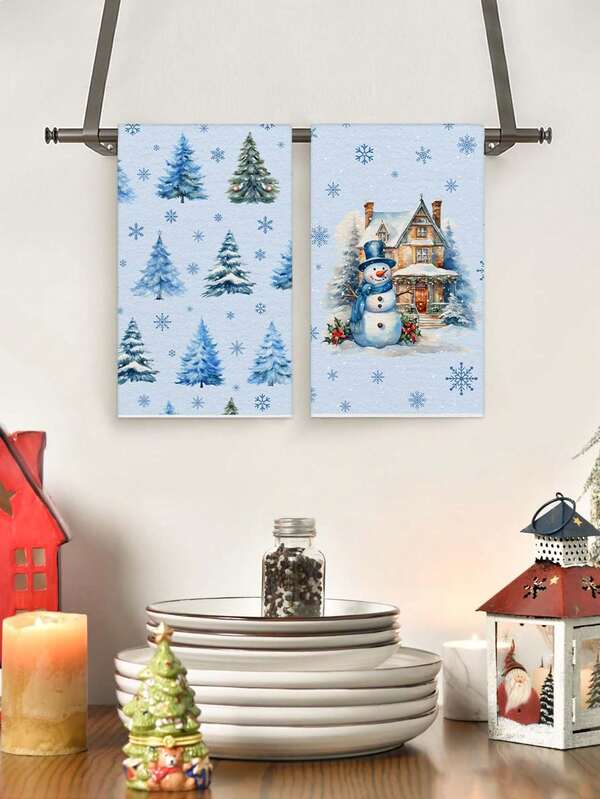 2Pcs/50pcs 40*60cm Christmas Snowman Pattern Dish Towels, Icy Blue Snowy House & Pine Design Kitchen Towels, Christmas Holiday Decor Cleaning Cloths For Kitchen, Dining Room, Living Room, Winter Season