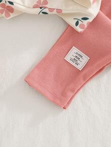 Baby Girl Apricot Floral Print Pink Ruffle Collar Outfit, Including Straight Leg Pink Ribbed Long Pants, Autumn/Winter