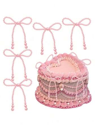 1/5Pcs-Pink Pearl Bow Cake Toppers, Romantic Cake Decoration Set, Bow Decorations, Flower Wrapping Beads, And Floral Supplies For Cake Decoration. Suitable For Birthday, Mother's Day, Anniversary, Wedding, Valentine's Day Party Supplies