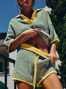 Women's Oversized Sweater Set 2 Piece Lounge Outfits V Neck Knit Top And Shorts - Màu xanh lam - Xem 1