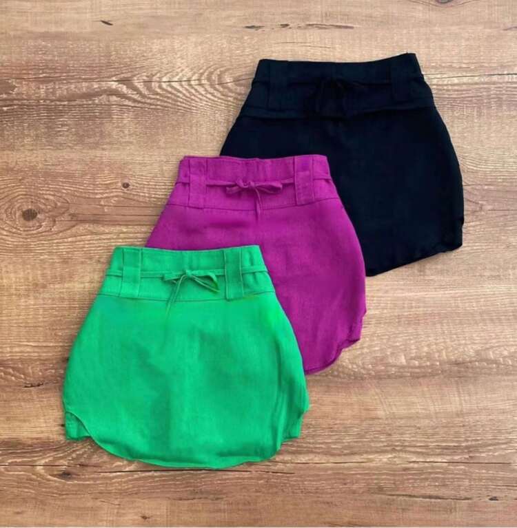 Short Saia Linho Cores Com Cinto - Lavagem escura - Visão 3