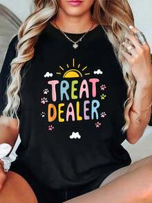 Treat Dealer Dog Lover Gifts Cute Paw Print Pet Owner T-Shirt Print T-Shirt, Short Sleeve Round Neck Casual Top For Summer & Spring, Women's Clothing