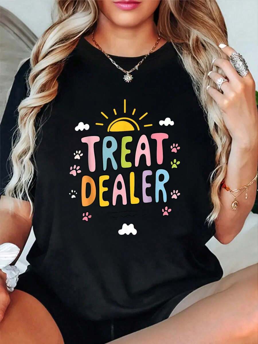 Treat Dealer Dog Lover Gifts Cute Paw Print Pet Owner T-Shirt Print T-Shirt, Short Sleeve Round Neck Casual Top For Summer & Spring, Women's Clothing