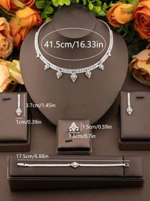 1 Set Elegant Cubic Zirconia Rhombus Jewelry Set, Includes 1 Pair Earrings, 1 Necklace, 1 Bracelet, 1 Ring, Suitable For Women Wedding Party, No Gift Box