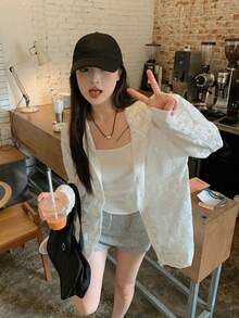 法式蕾丝拉链连帽轻便长袖外套，春夏季宽松休闲上衣 - 杏色 - 查看 3