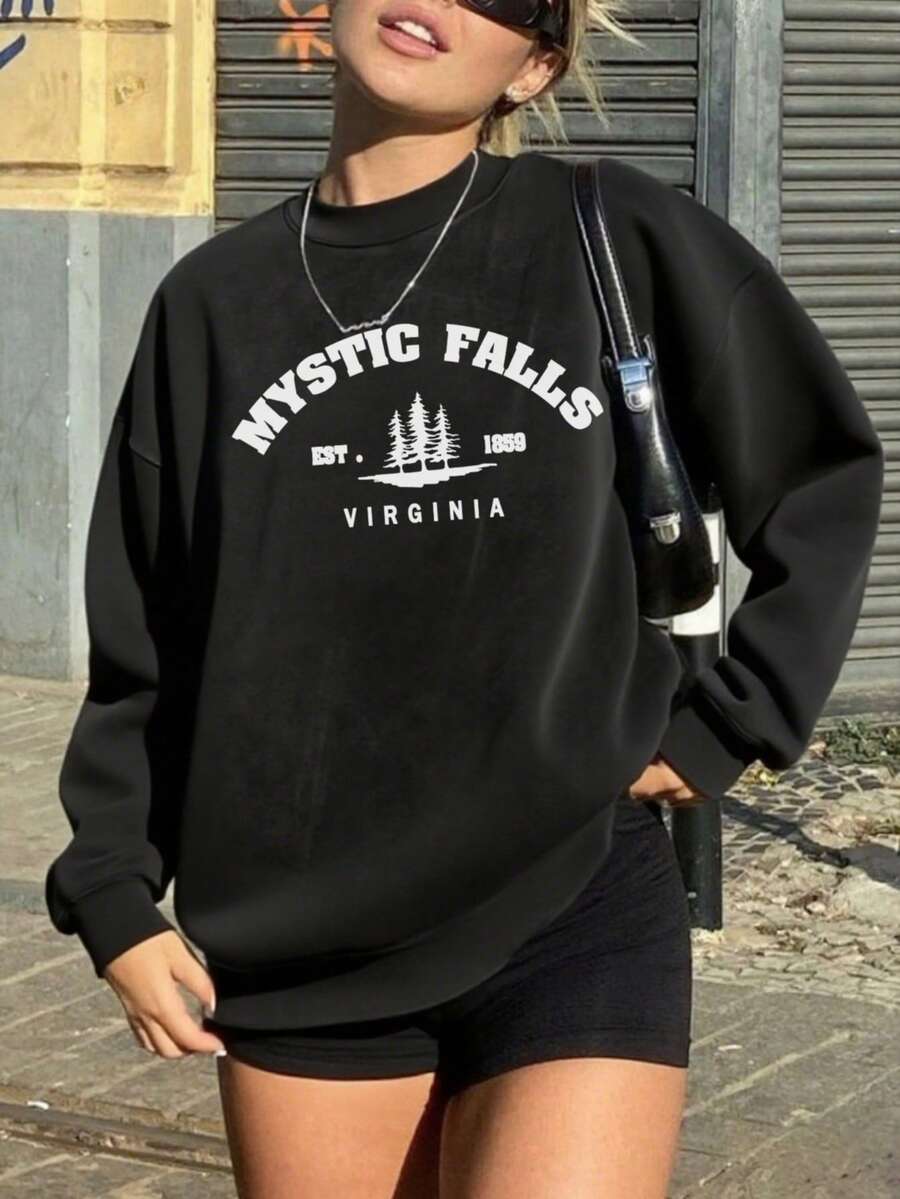 女士秋冬标语印花长袖圆领卫衣，休闲宽松百搭假日风上衣，时尚秋季款，适合日常穿着，黑色春季款 - 黑色 - 查看 1