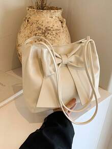 女士纯色 PU 皮革单肩包，超轻便携，时尚蝴蝶结装饰，优雅的女生手提包，大容量，送给她的完美情人节礼物，有史以来最好的情人节礼物选择，时尚女士蝴蝶结钱包