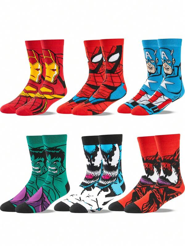 Marvel 1/6 Paar authentische Halloween Spinne-Man Venom Superhelden Neujahrssocken, Cartoon Weihnachten Neujahr Charaktersocken für Männer und Frauen, kreative und interessante Socken