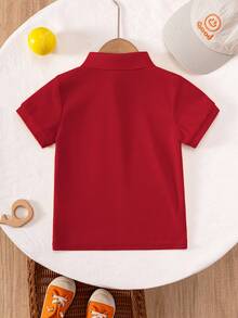 Camisa polo de manga corta de color rojo sólido clásico para niño, adecuada para salidas diarias, fiestas y eventos - Rojo - Ver 2