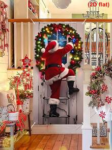 1pc Santa Claus Climbing Ladder Style Christmas Door Flag, Christmas Decor Door Banner, Xmas Door Porch Sign Flag Door Cover Curtain, 2025 Christmas Decorations For Home, Winter Holiday Christmas Party Background Wall Decoration Supplies, Home Decor - Santa Claus Ladder - View 5