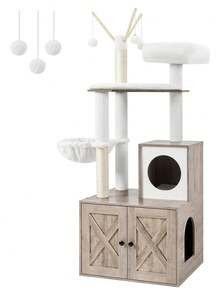 Feandrea WoodyWonders Cat Tree With Litter Box Enclosure, 2-In-1 Modern Cat Tower, Cat Condo With Scratching Posts, Removable Pompom Sticks, Washable Cushions, Greige - Light Grey - View 10