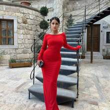 BARE BACK MIDI DRESS, LONG SLEEVE, NO PADDING, BUMP LIFT DETAIL, FOREIGN FASHION, SLIT - Red - View 2