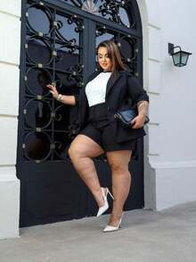 Max Blazer + Short Set Plus Size Tailoring Women's Simple Pocket Button Office - 黑色 - 查看 3