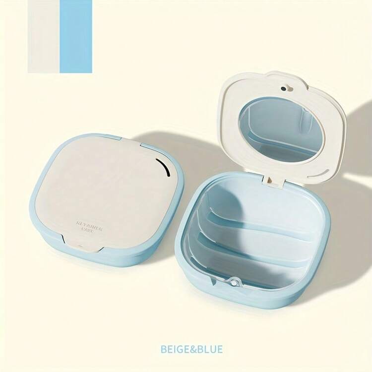 Vibrant Dopamine Oral Retainer Case With Mirror & Drainage Basket - Portable Compact Storage Box, Multi-Functional Travel-Friendly Denture & Teeth Sleeve Organizer In 4 Colors (Yellow, Blue, Purple, Pink), Oral Accessories, Retainer Cleaner, Stylish Accessory, Transparent Lid Design - Multicolor - View 7