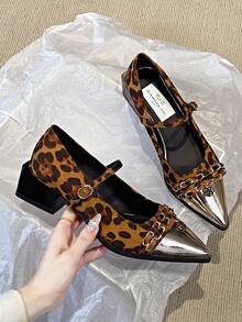 Tacones de plataforma con hebilla metálica, estampado de leopardo y bloque de color, puntera puntiaguda, estilo coreano de tacón alto, tacones medios tipo Mary Jane para mujer