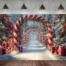 1 Christmas Holiday Background With Candy Cane Arch, Snow Scene, Red And White Striped Poles, Perfect For Home, Party, Event Decorations, Photo Shoots, Christmas Decorations, Birthday Parties, And Home Garden Courtyard Decorations. - Multicolor - View 2