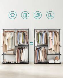 Clothes Wardrobe, Portable Closet, Clothes Garment Rack, 43 X 138 X 182 Cm, 3 Hanging Rods And Shelves, Large Capacity For Bedroom, Living Room, Laundry Room, Black - 黑色 - 查看 2