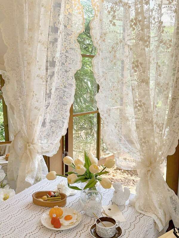 1 pièce Rideau voile crème à bordure ondulée avec dentelle et broderie française, sans perçage requis, séparateur de pièce, petit rideau de fenêtre
