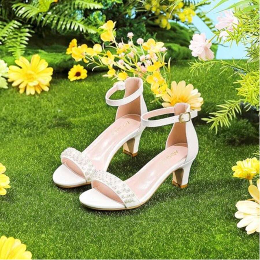 Girls Heel Sandals Open Toe Ankle Strap Flower Girl Dress Pump Sandals Wedding Party For Little Big Kid - 珍珠白色 - 查看 1