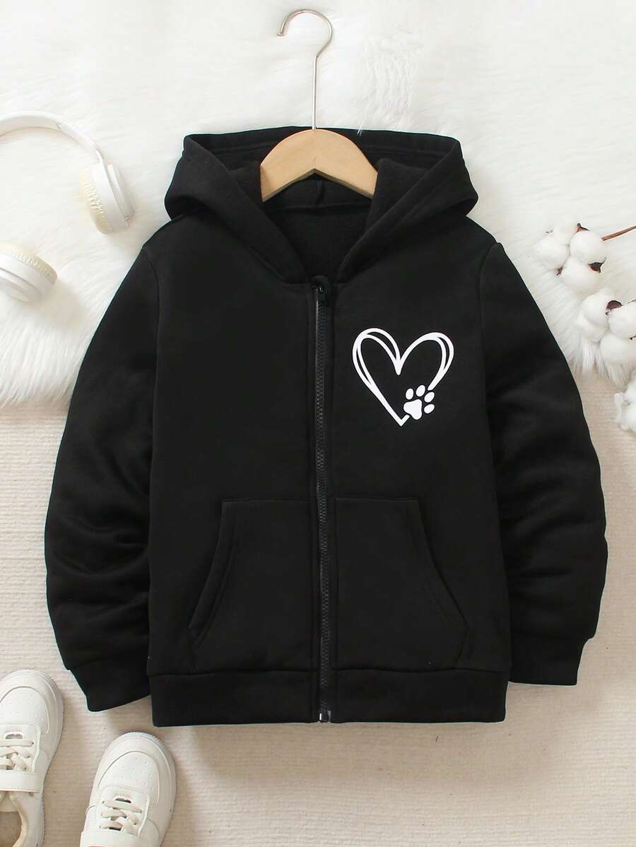 2024 New Autumn/Winter Heart Print Casual Versatile Thermal Lined Zip-Up Sweatshirt For Tween Girls