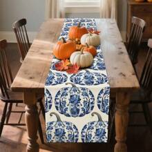 1pc,Table Runner, Thanksgiving Blue And White Porcelain Pumpkin Pattern Printed Linen Table Flag, Home Decor, Suitable For Dining Tables, Universal Seasonal Decoration, Modern Style Washable Table Flag, Heat-Resistant, Stain Resistant, Room Decoration, Table Mat, Kitchen Table Mat, Party Decoration, Home Decoration, Ideal Thanksgiving Gift