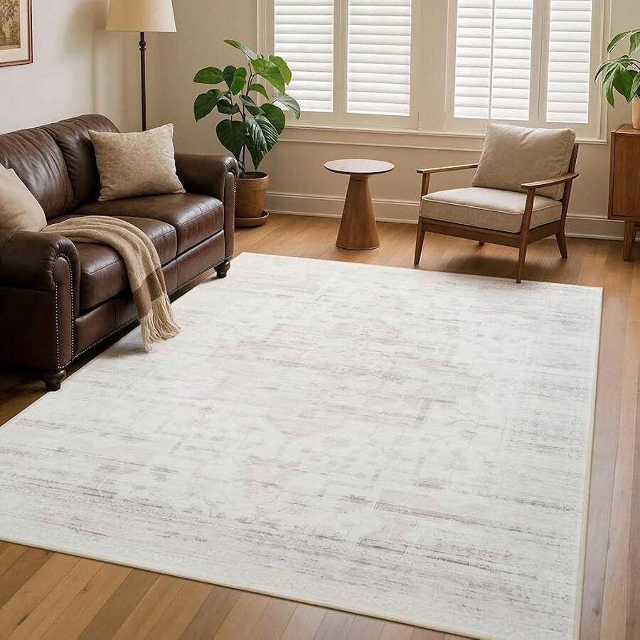 5x7 Vintage Area Rug For Living Room Bedroom, Machine Washable Non Slip Indoor Rug, Thin Throw Floral Low Pile Distressed Carpet For Office Nursery Dining Room Red/Blue, Modern Chic Design - Light Taupe - View 1
