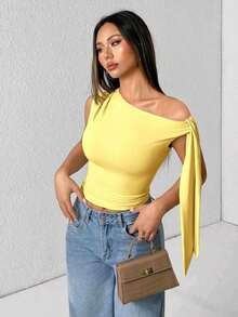 Elegant Suplex T-Shirt Top With Asymmetrical Shoulders And Straps, Ideal For Daily Use, Outings, Nightclubs, Parties, Halloween Costumes - 黃色 - 查看 4