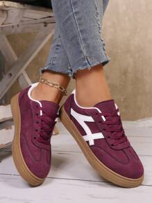 New Casual Sports Shoes, Fashion Versatile Suede-Like Lace-Up Women Sneakers, Student Shoes - Red Violet - View 2