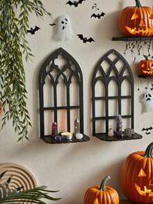 1 pieza Estantería de exhibición de cristal de estilo bohemio, estantería de pared con forma de ventana gótica, estantería de pared de iglesia vintage, soporte de vela de ventana falsa de color negro, ideal para fiestas de Halloween y decoración del hogar en la sala de estar y el dormitorio - Multicolor - Ver 10