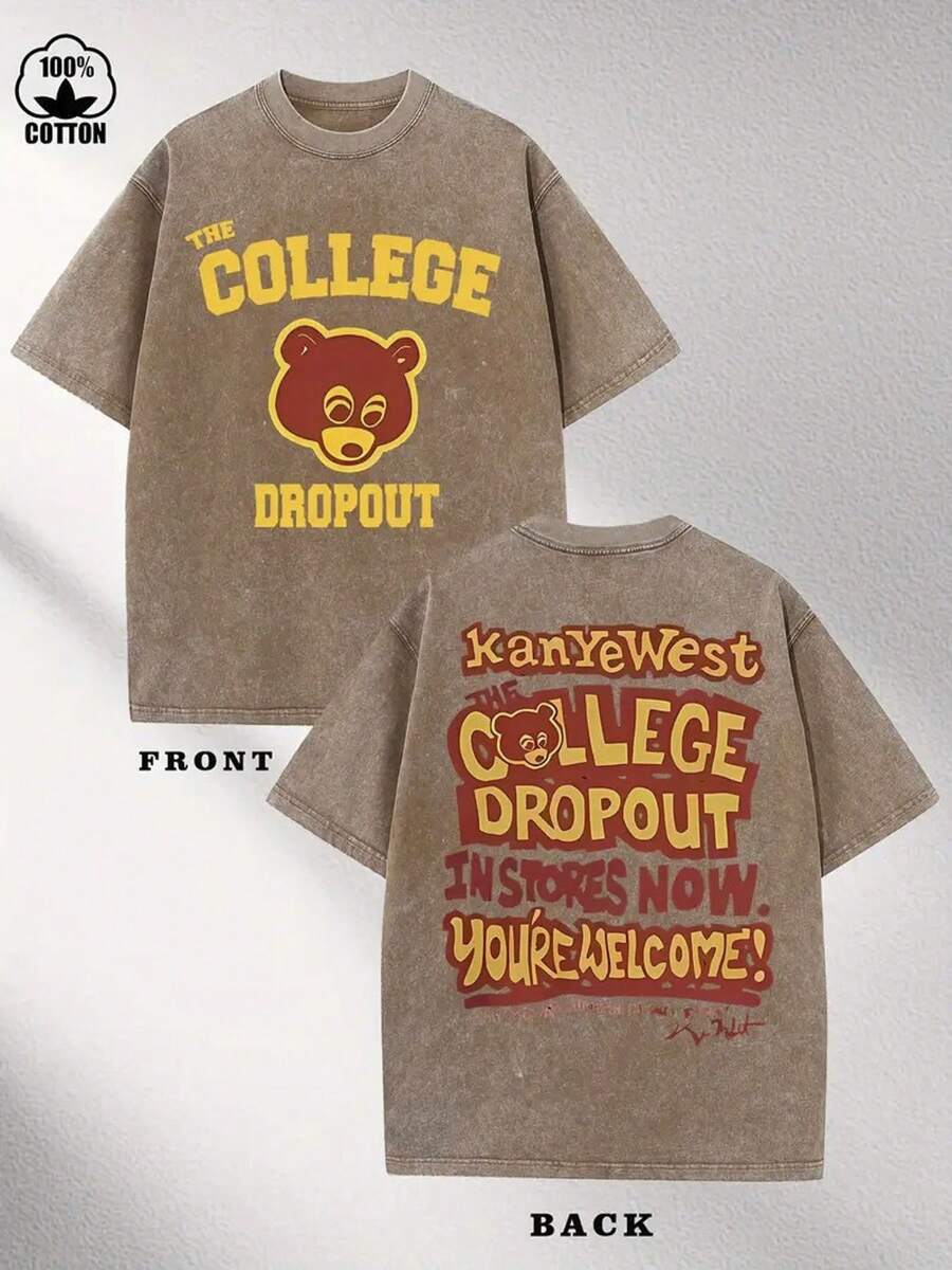 230g Washable, Fun College Dropout Student Print Double-Sided Washable T-Shirt, Suitable For Street Outdoor Adventure Travel, Ideal Gift For Family, Friends, And Colleagues - 咖啡色 - 查看 1