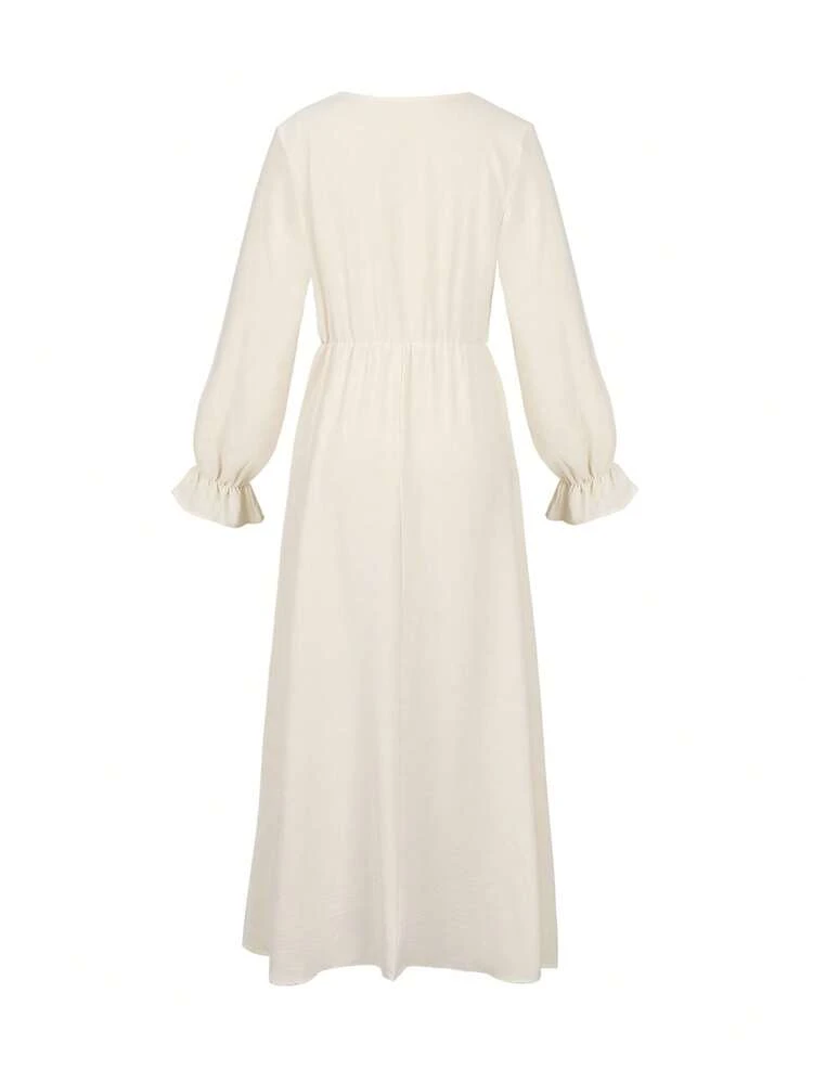Sukienka maxi w stylu vintage w stylu boho z wysokim stanem i kwiatowym koronkowym dekoltem w serek, lekka, wiosenna i elegancka - Morela - Zobacz 3