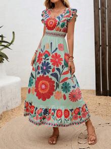 全新秋季轻盈 V 领全身可爱叶子和花卉印花波西米亚休闲褶皱荷叶边下摆腰部拼接长裙，适合音乐节、女性节日、乡村音乐会、毕业典礼、派对、返校、教师节、万圣节、圣诞节 - 薄荷綠 - 查看 5