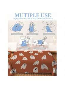 Kürbisfarben-weißer Geist Halloween Muster Decke - gestrickter Polyester Fleece, moderne digitale Bedruckung, Cartoon Thema, ganzjährig komfortable Heim Dekoration Tagesdecke, maschinenwaschbar