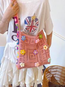 Vintage Hollow Floral Contrast Color Casual Crossbody Bag (Flower Color And Position Random) - Multicolor - View 5