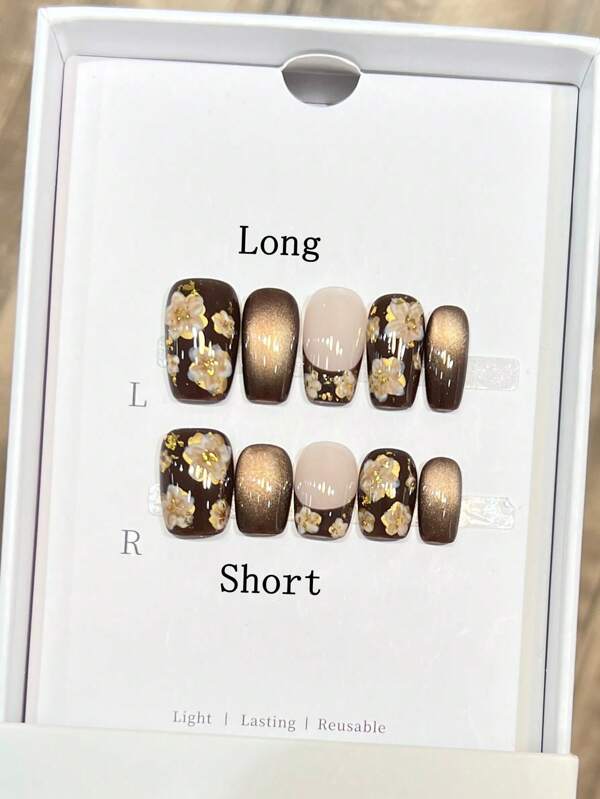 10 Pieces Of Pure Handmade Wearable Nails With Two Types Of Nail Shapes To Choose From Short Square Nails,Press On Nails Square Press On Short Nails Hand-Painted Black Retro Gold Floral Nails,Press On Nails Short-Quality Simple Design Nails Nail Supplies Nails